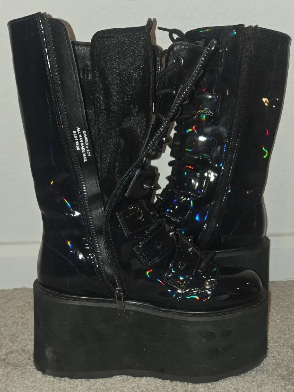 DEMONIA Black Mid-Calf Boots with‎ Hologram Detail Size 6